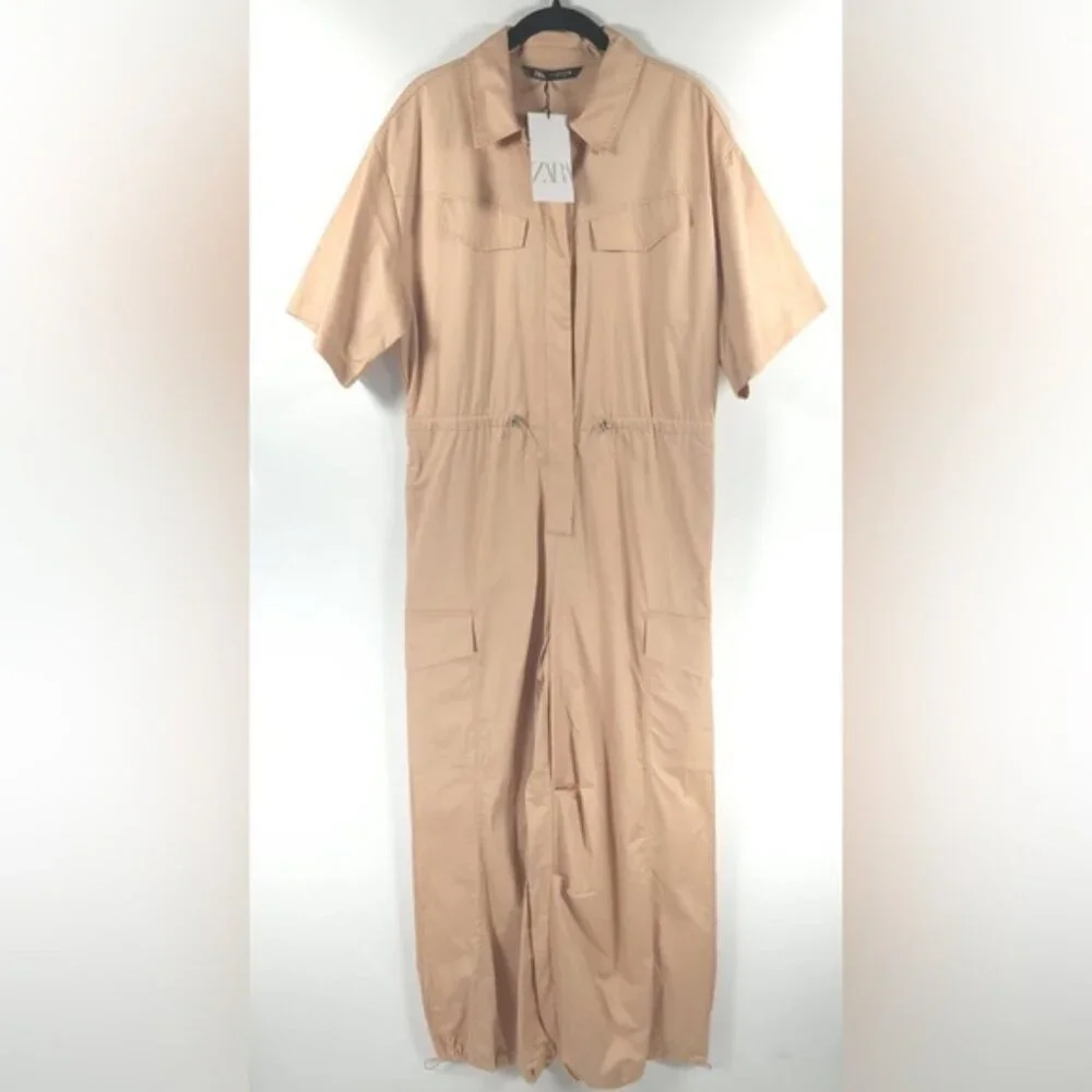 NWT ZARA Shirt-Style CARGO Full Length Oversized Jumpsuit COTTON 7901/216 Sz M&L